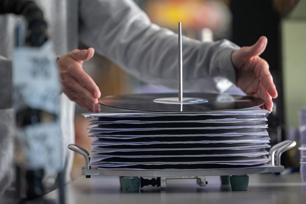 Checking freshly pressed records at Hanaton